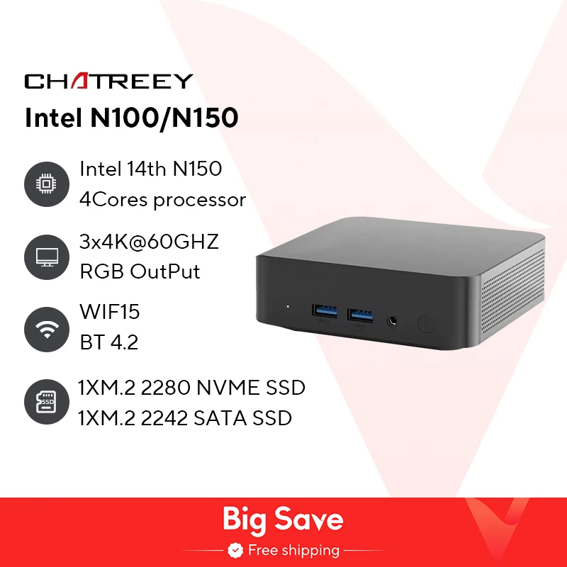 Chatreey T9 미니컴퓨터 인텔 Alder Lake N100 Windows 11 초소형 포켓컴퓨터 듀얼 SSD 풀기능 Type-C 4K 60Hz RGB