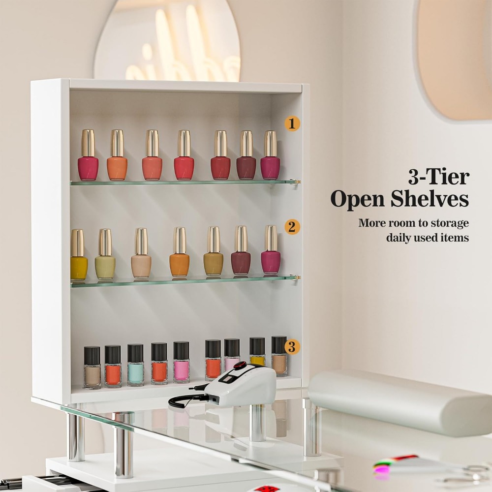 Nail Tables.Manicure Table Nail Desk for Nail Tech,Glass Top Table Station Acetone Resistant w/Storage Drawers&Open Shelves