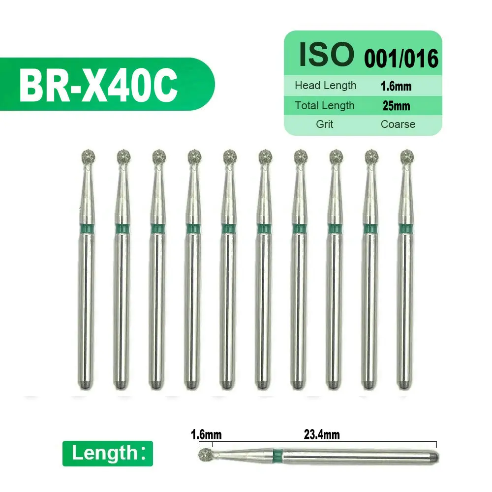 10 Chiếc Kim Cương Burs Nha Khoa Cao Tốc Độ Khoan Bóng Tròn Loại FG 1.6Mm Răng Đánh Bóng Sản Phẩm BR-X40C