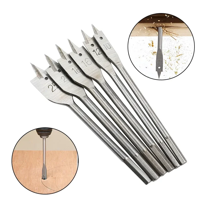 6pc Natural Color Three Pointed Flat Drill Hexagonal Handle Woodworking Hole Opener Wooden Board Drilling Bit Tool Set