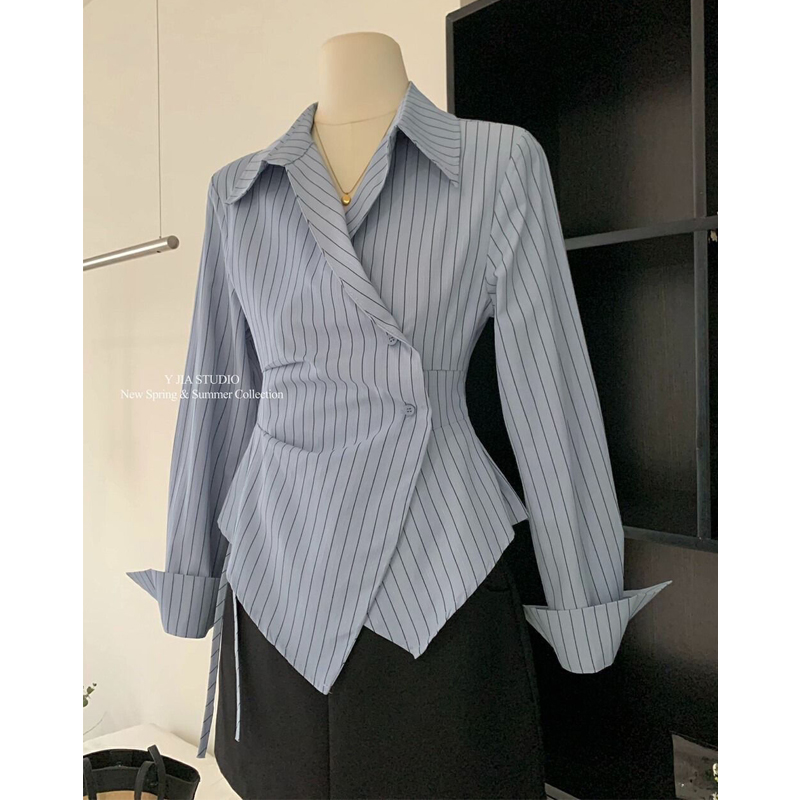 Frauen Mode Retro Gestreiften Druck Geraffte Unregelmäßige Design Shirts Büro Dame Elegante Spitze Up Bluse Casual Langarm Schlank Tops