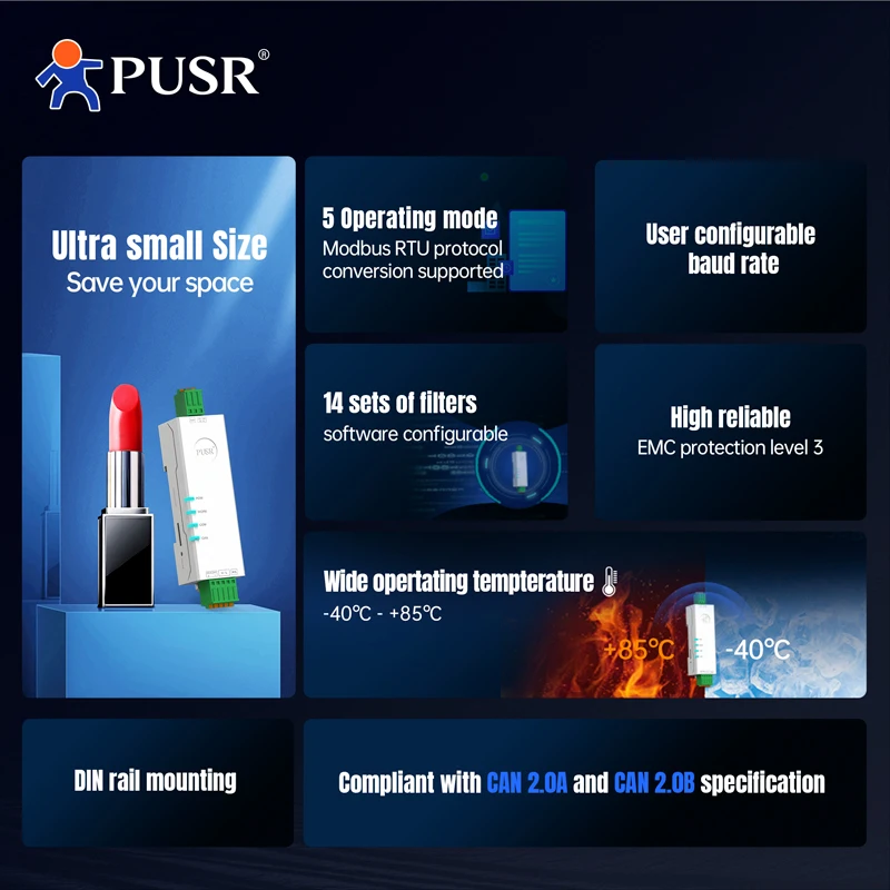 PUSR RS485 RS232 Ethernet para CAN Converter CANBus para filtragem de dados seriais Vários modos Design industrial USR-CAN114/112/115