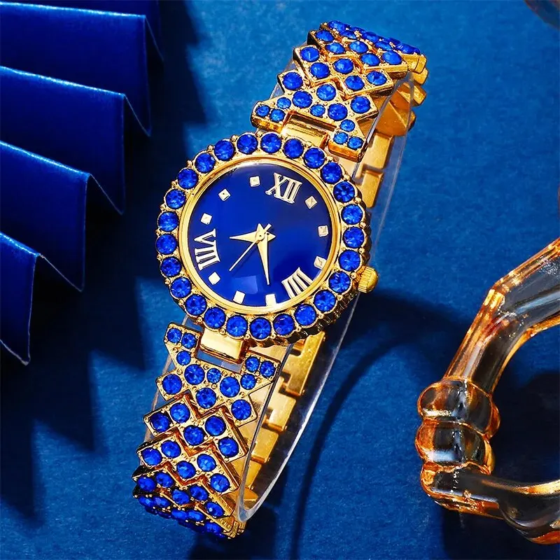 Nuevo reloj de lujo para mujer, collar, pendiente, reloj de pulsera de moda con diamantes de imitación azules, relojes informales para mujer, conjunto de joyería, reloj femenino