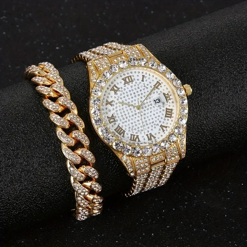 Modisches kubanisches Hip-Hop-Armband und Herrenuhr mit Stahlband und Kunstdiamanten, modisches Herrenuhren-Set