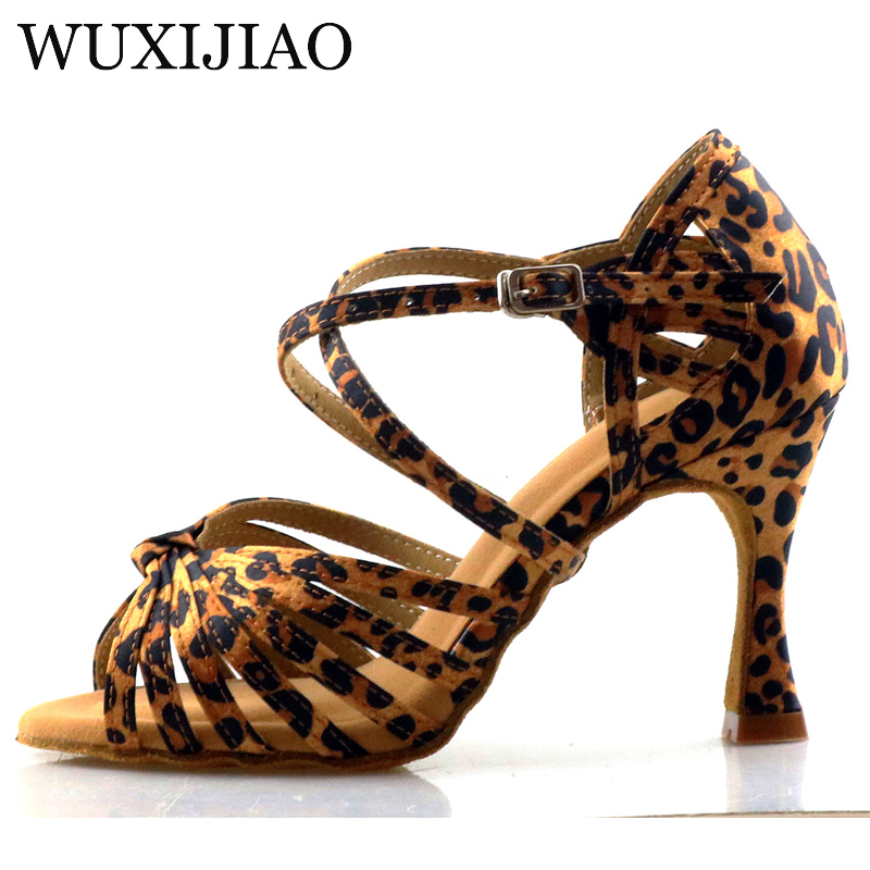 WUXIJIAO Classic Knotting Latin Dance Shoes English Leopard Satin Dance Shoes Sasha Tango Dance Shoes