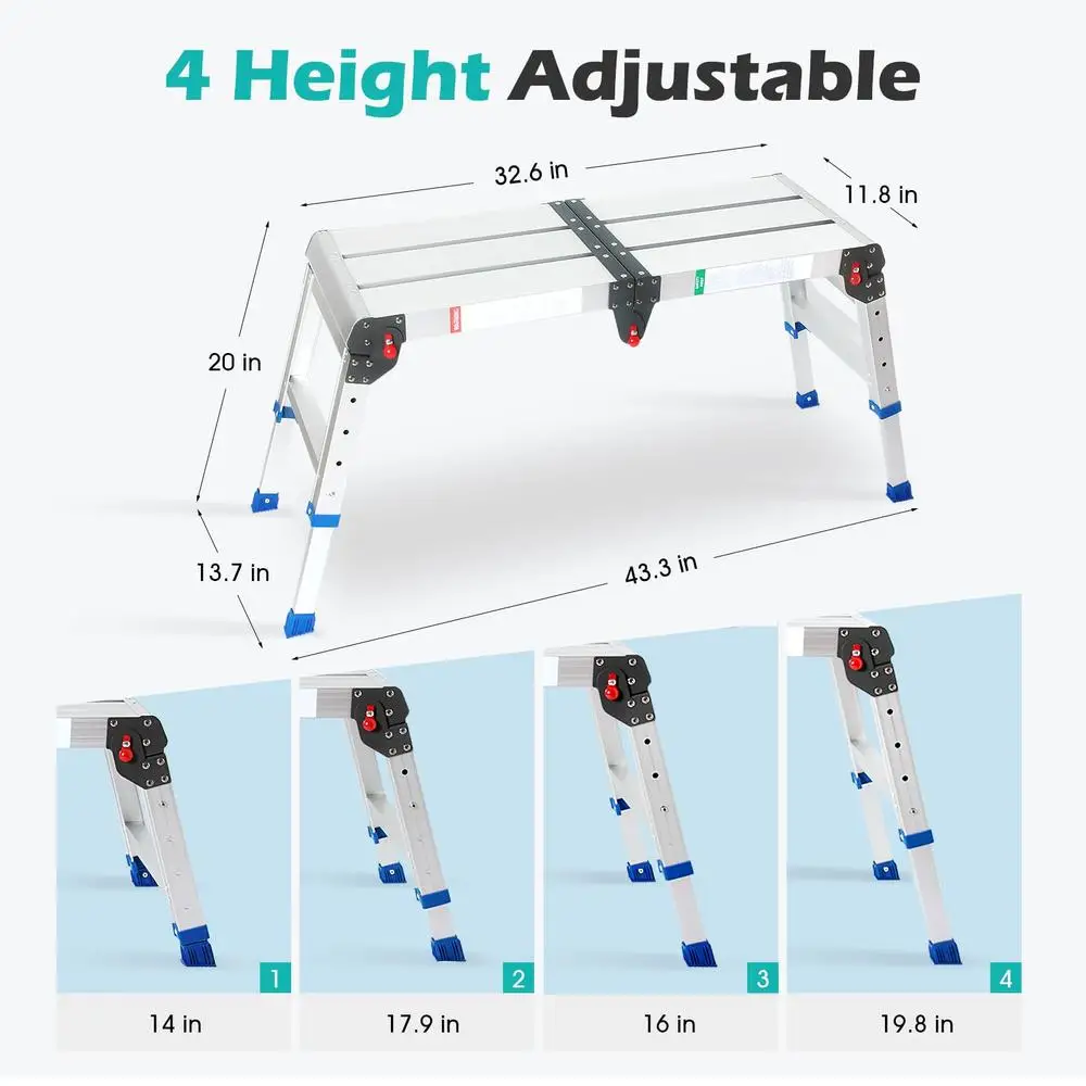 Adjustable Aluminum Work Platform 33in(L x12in(W x20in(H One-Touch Folding Step Stool 500lb Capacity Portable Height Adjustable