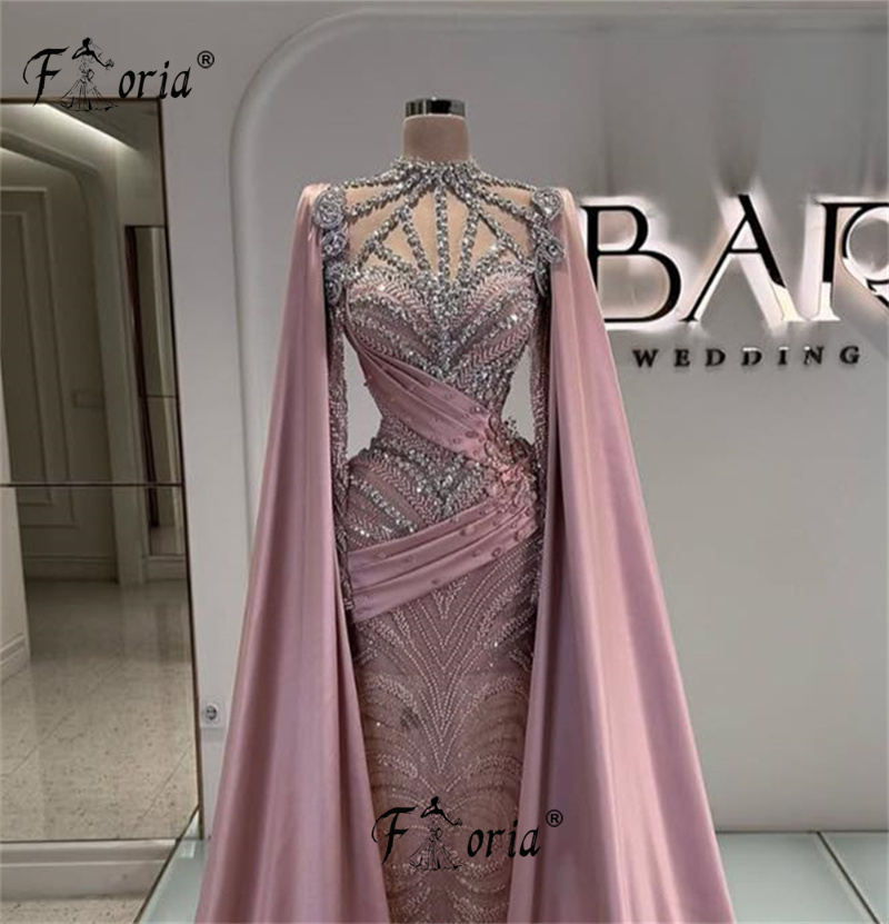 Modest Pink Evening Wedding Dresses with Long Shawl Beads Crystal Mermaid Customized Formal Party Dress Elegant Gala Robe Soiree