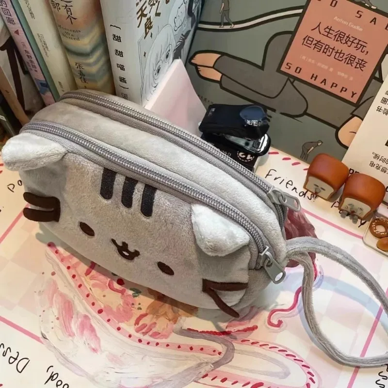 1PC 애니메이션 뚱뚱한 회색 고양이 봉제 인형 연필 가방 (학생 및 어린이용) 고양이 모양 필통 대용량 연필 케이스