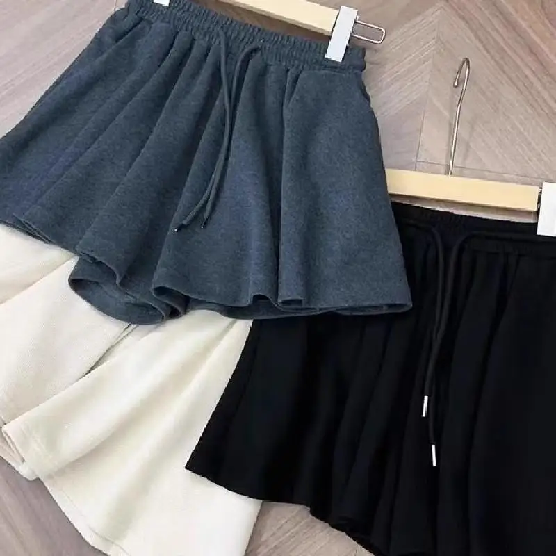 Calças Curtas Fenas Estilo Ballet de Cintura Alta e Perna Larga, orts Esportivos Casuais com Efeito Emaecedor, Moda U...