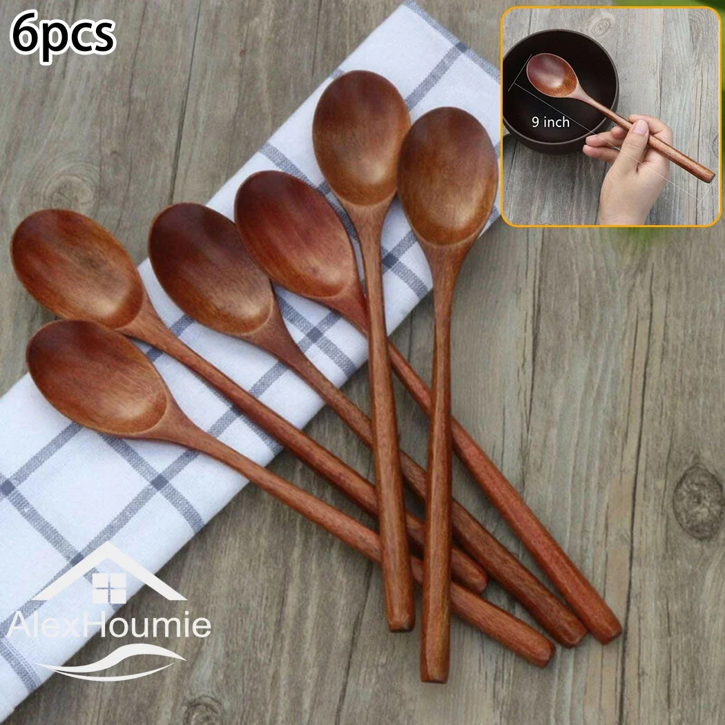 6 Bộ Muỗng Gỗ Tre Nhà Bếp Hàn Quốc Phong Cách 9 ''Inch Gỗ Tự Nhiên Canh Bộ Đồ Ăn Nấu Mật Ong Cà Phê Thìa Trộn thìa
