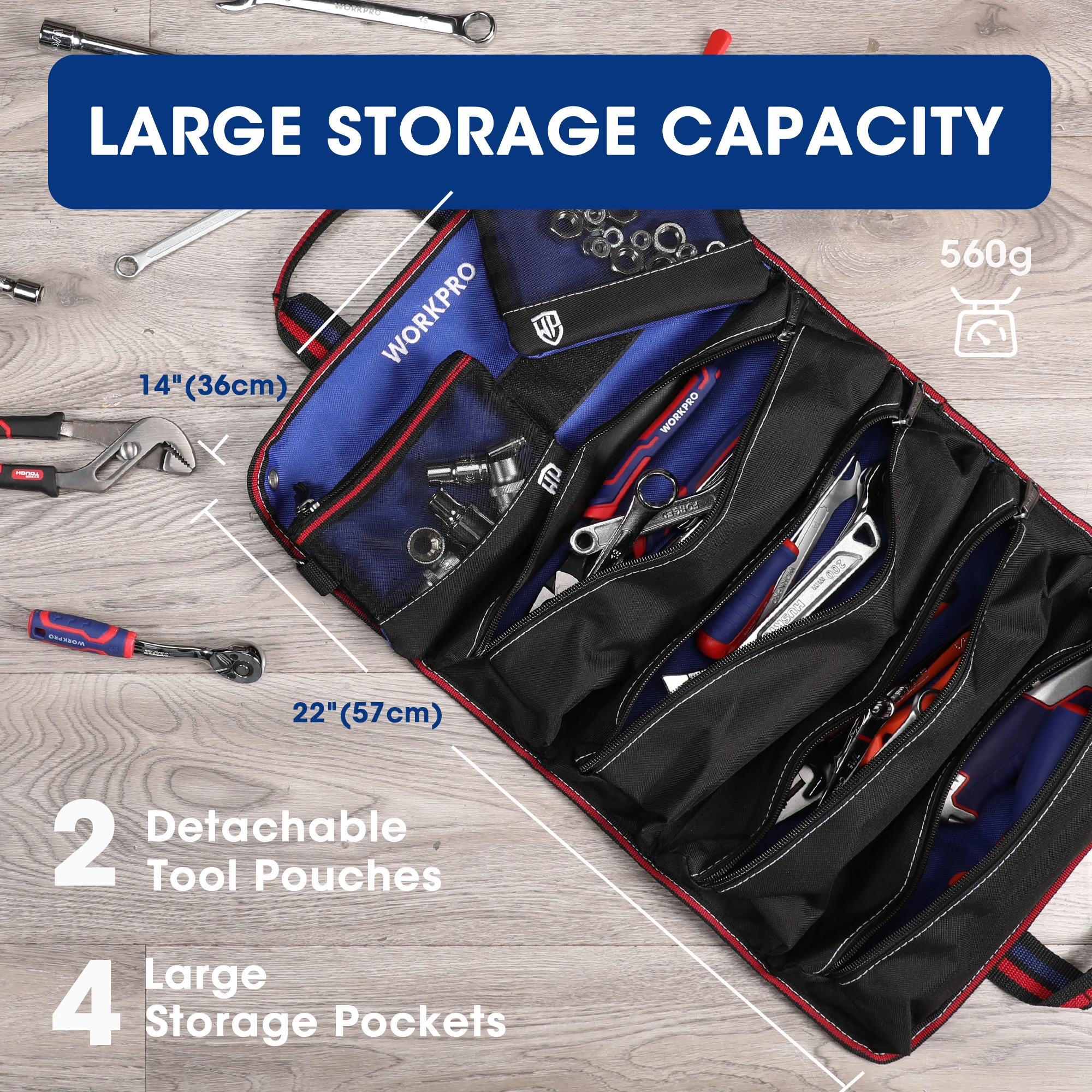 Bolsa de herramientas enrollable WORKPRO con 6 bolsillos, organizador de herramientas multiusos resistente con bolsas de herramientas desmontables para reparación de automóviles