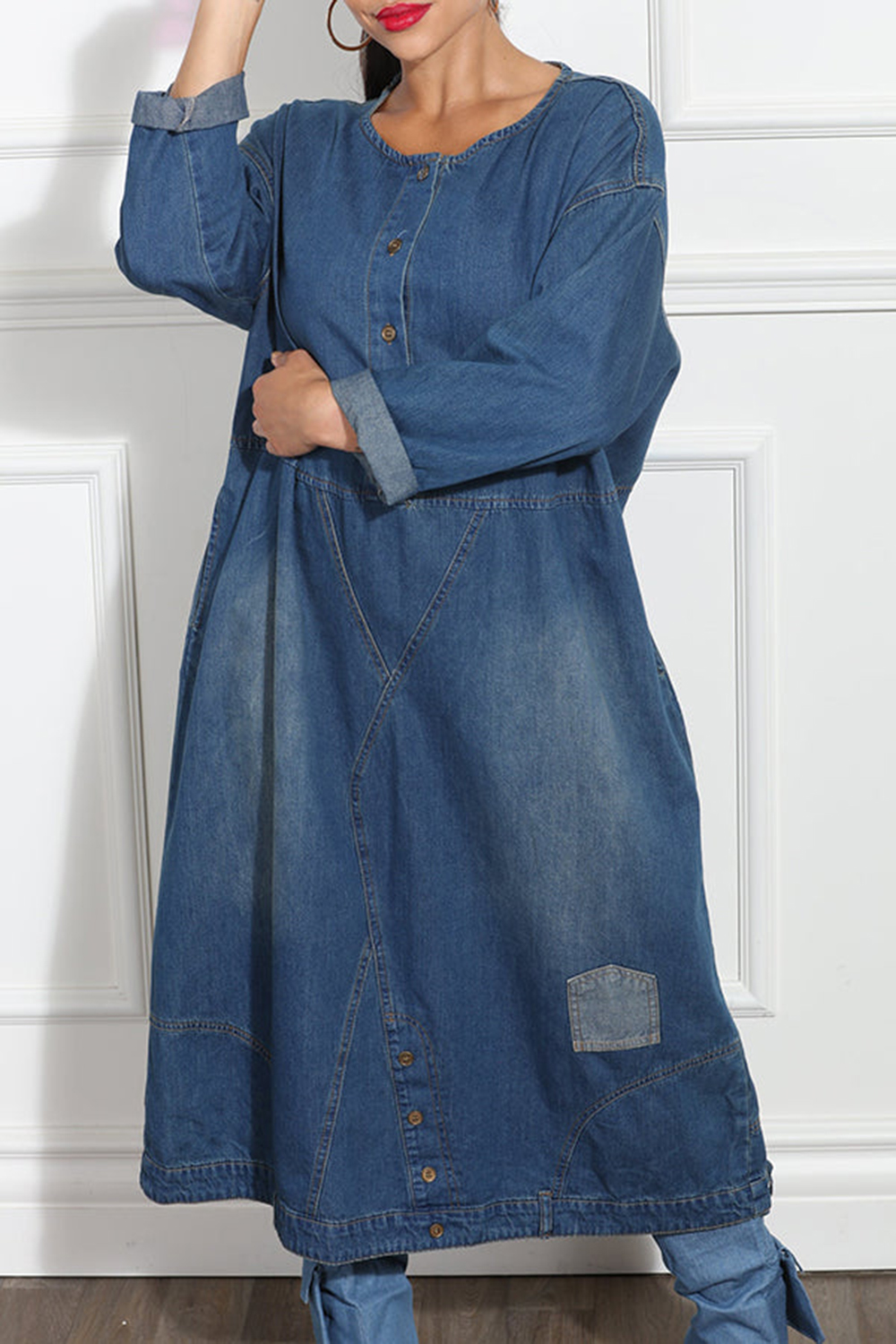 Plus Size Daily Blue Round Neck Long Sleeve Pocket Denim Midi Dresses for Women 2025