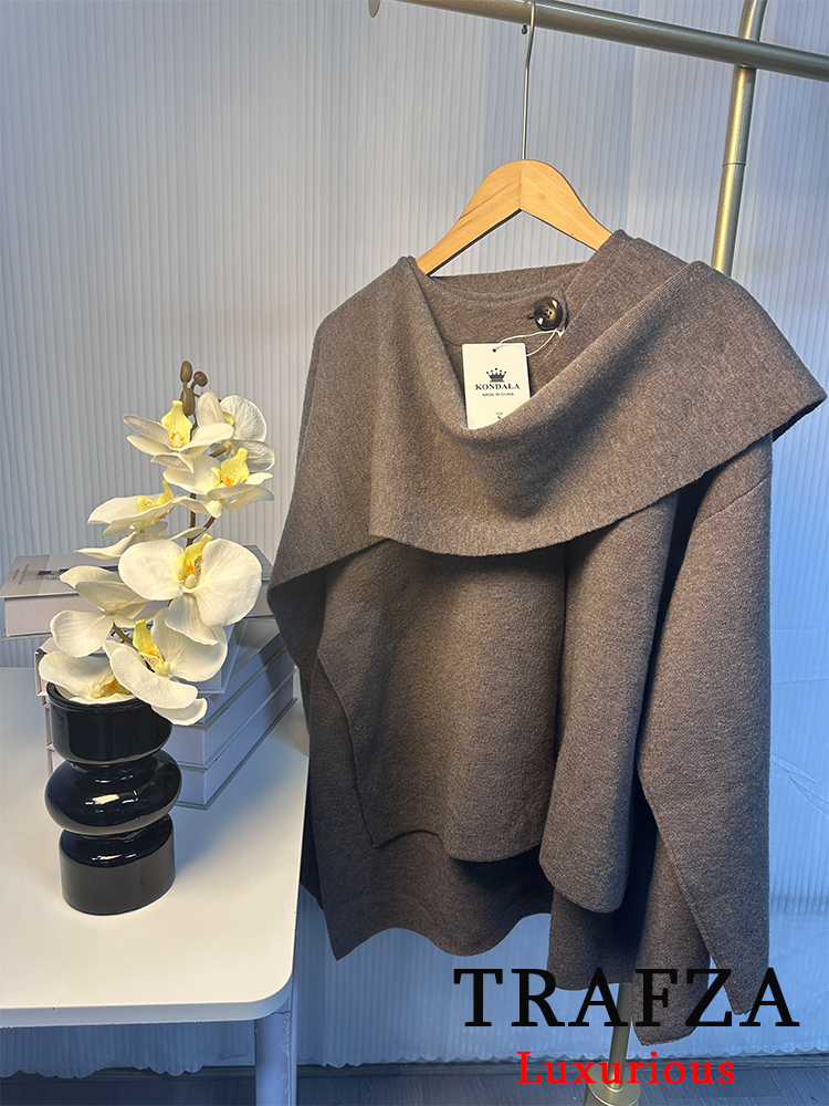 TRAFZA ヴィンテージカジュアルシックな女性ニットスカーフセーター O ネック長袖ルーズショートコートファッション 2025 春冬生き抜く