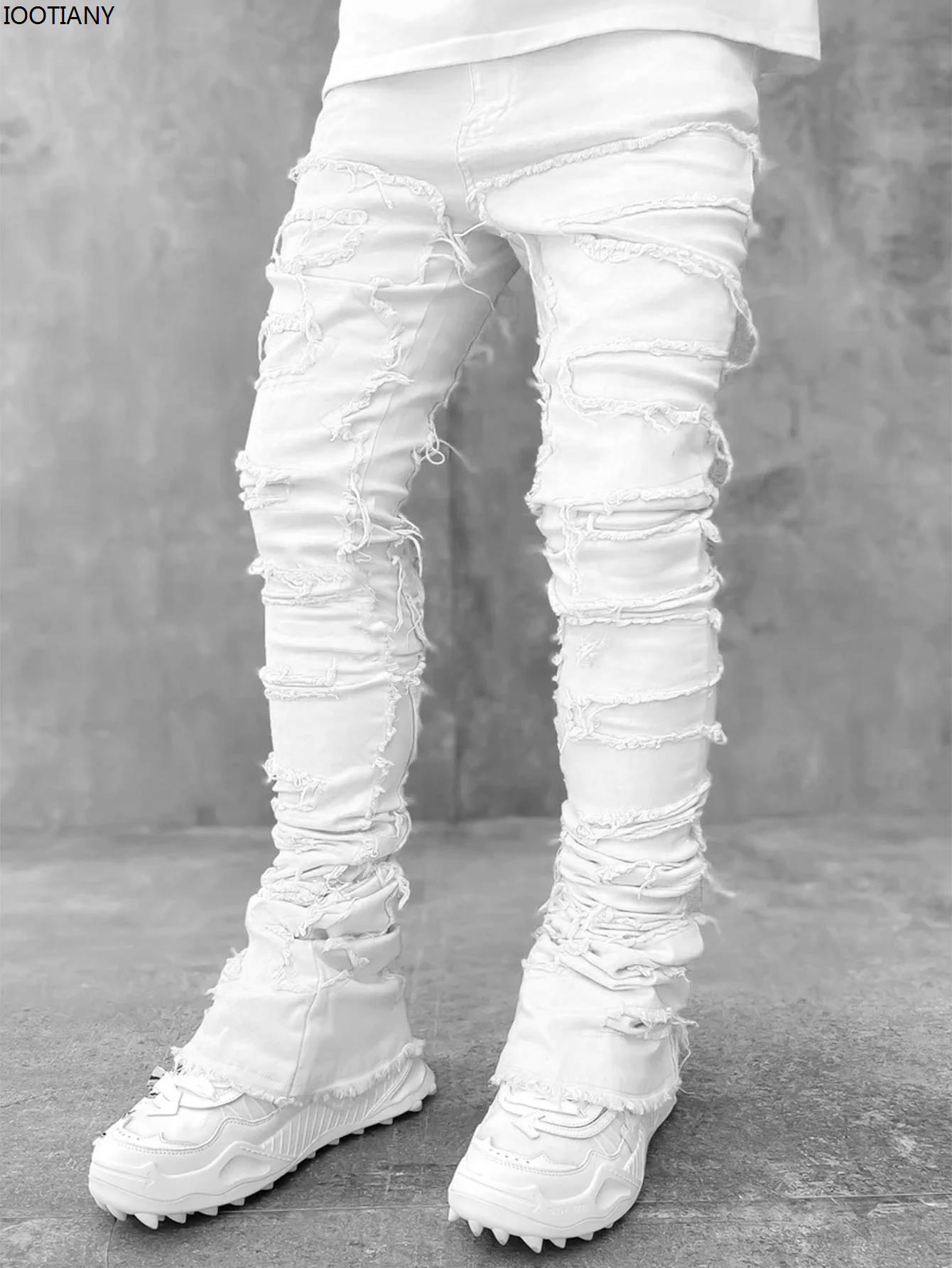 Jeans Stretch Straight Fit para homens, jeans empilhados, cintura elástica, jeans patchwork, calças compridas, franja rasgada, nova moda