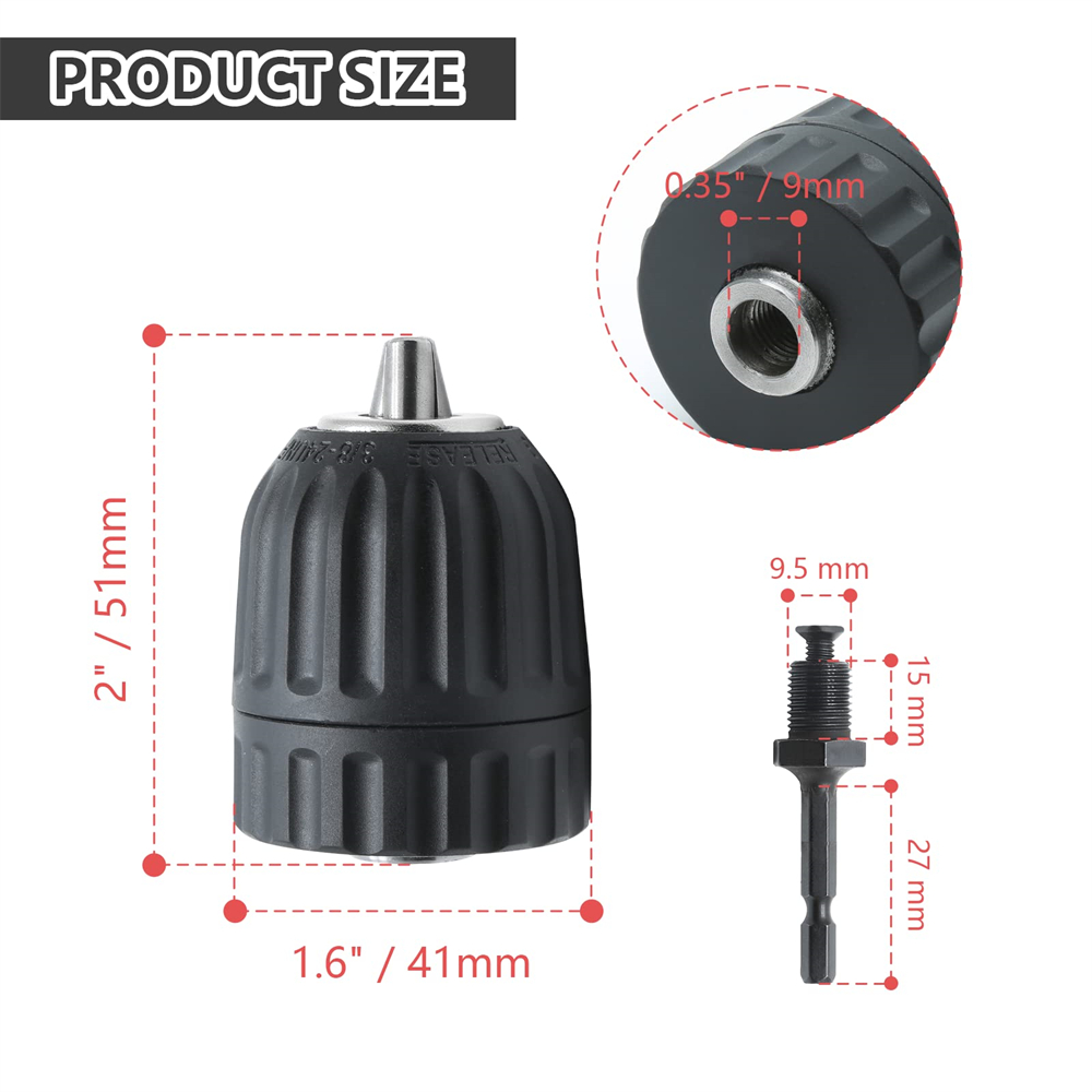 0.8mm-10mm Keyless Drill Chuck Set, with Hex Shank, 3/8-24UNF Quick Grip Adapter, Chuck for Drill Bit Screwdriver Tap & Sockets
