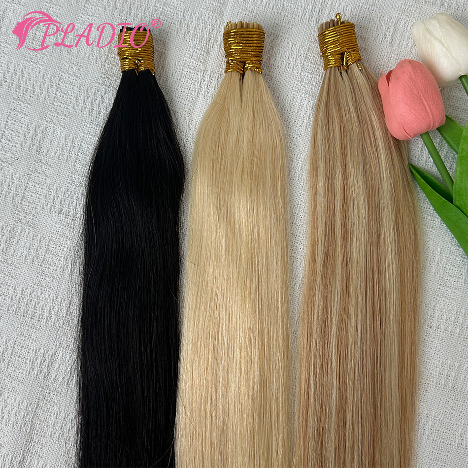 PLADIO Extensions de cheveux droites I Tip Extensions de cheveux naturels humains Capsule de kératine cheveux humains originaux 12-26 pouces 50pcs 100pcs