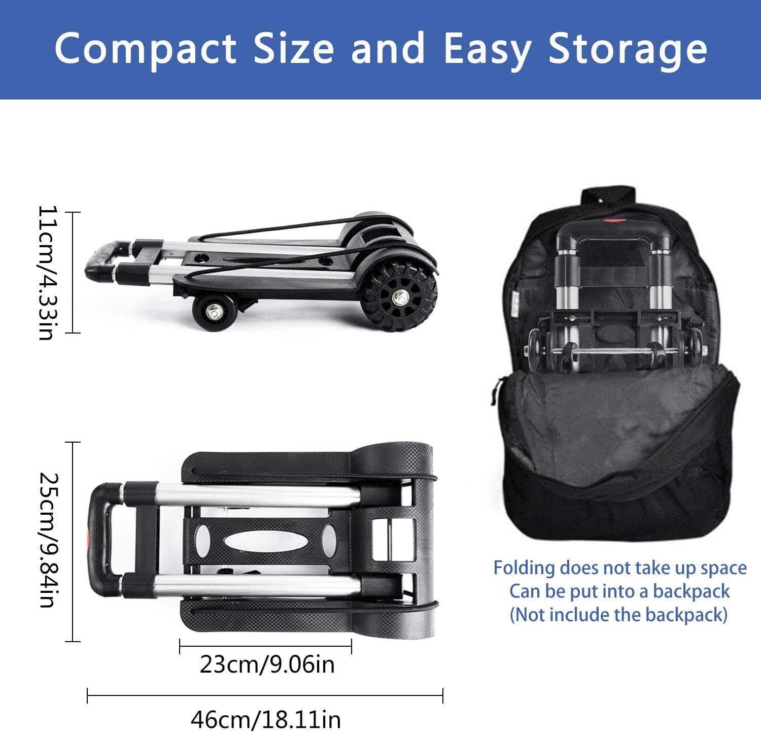 Folding Hand Truck, 4-Wheel Solid Construction Utility Cart with Aluminum Telescopic Rod, Foldable Roller Shopping