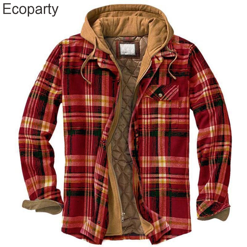 Homens jaquetas de inverno harajuku camisas xadrez casacos com capuz zíper manga longa camisas casuais básicas jaquetas estilo europeu tamanho S-5XL