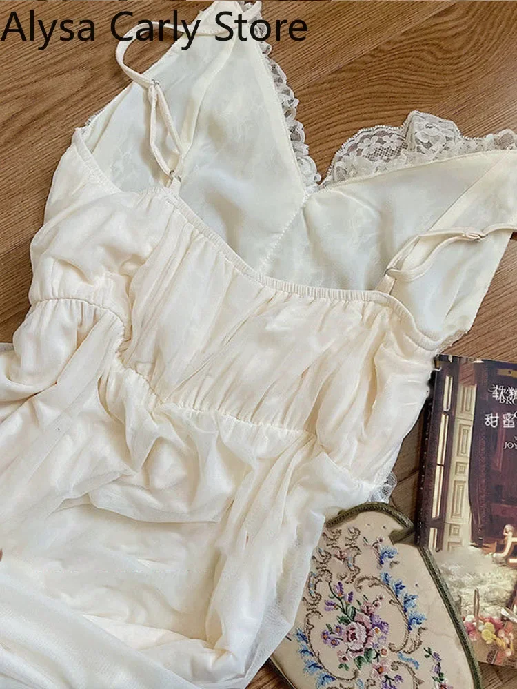Vestido de hada Vintage francés para mujer, vestido coreano informal Sexy de encaje de otoño 2022, vestidos elegantes de gasa con tirantes largos para mujer
