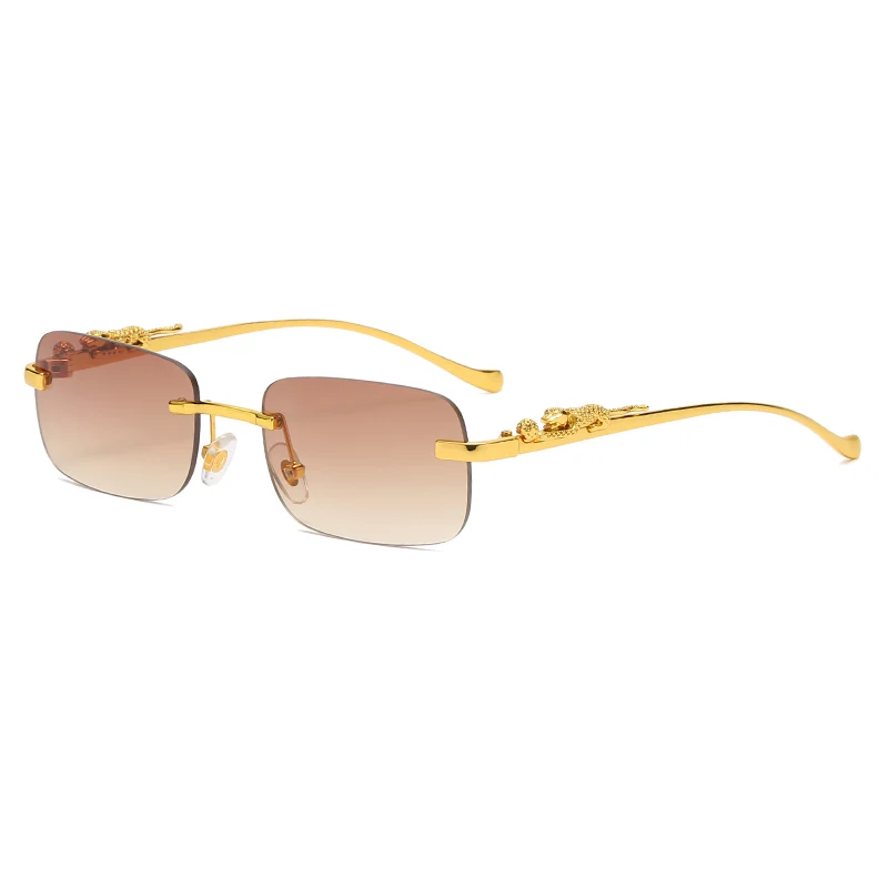Rectangular Sunglasses With Metal Hinge,Frameless For Men and Women, Clear Retro Shape Lenses, Cheetah Trim, Stylish, UV400