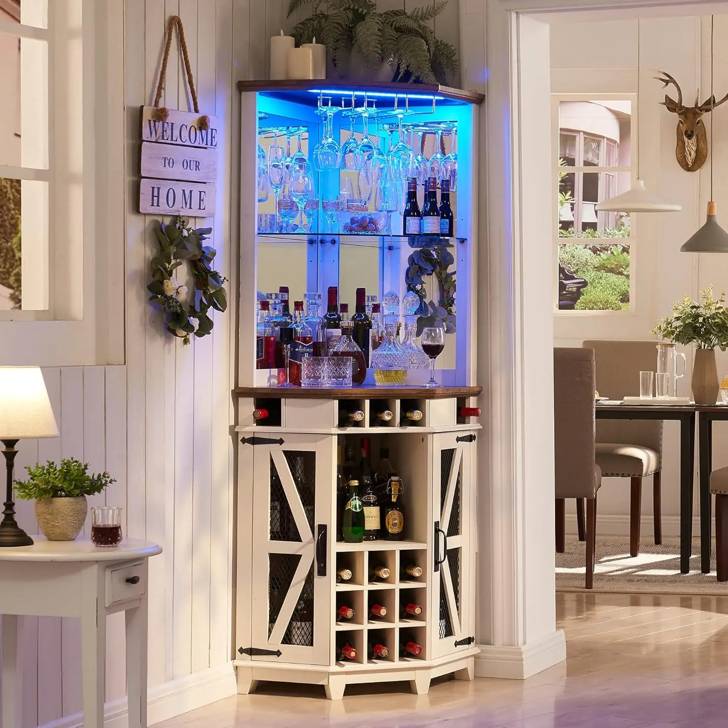 Corner Bar Storage Cabinet, 72" Tall Farmhouse Wine Bar Cabinet w/Barn Door, Home Bar w/LED Light & Glass Rack, Antique White