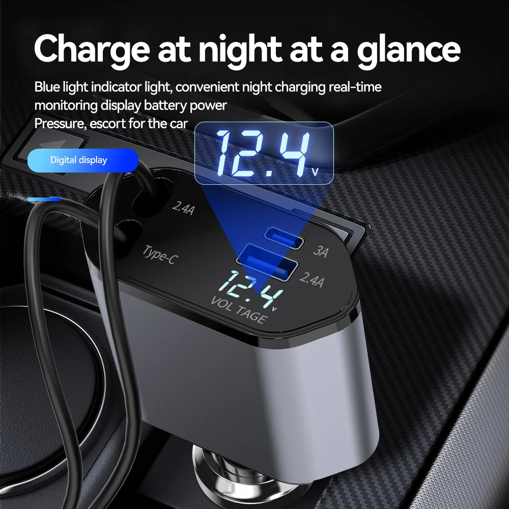 ที่ชาร์จแบตในรถแบบพับเก็บได้, ที่ชาร์จแบตในรถแบบชาร์จเร็ว 4 in 1 120W, สายเคเบิลแบบพับเก็บได้และพอร์ต USB 2 พอร์ตที่รองรับอะแดปเตอร์ชาร์จไฟในรถยนต์
