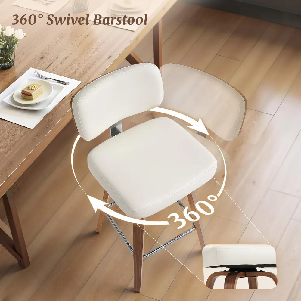 Swivel Counter Height Bar Stools Set of 3, 26" Upholstered Seat Barstools with Back Walnut Wood Legs, Mid-Century PU Leather Bar