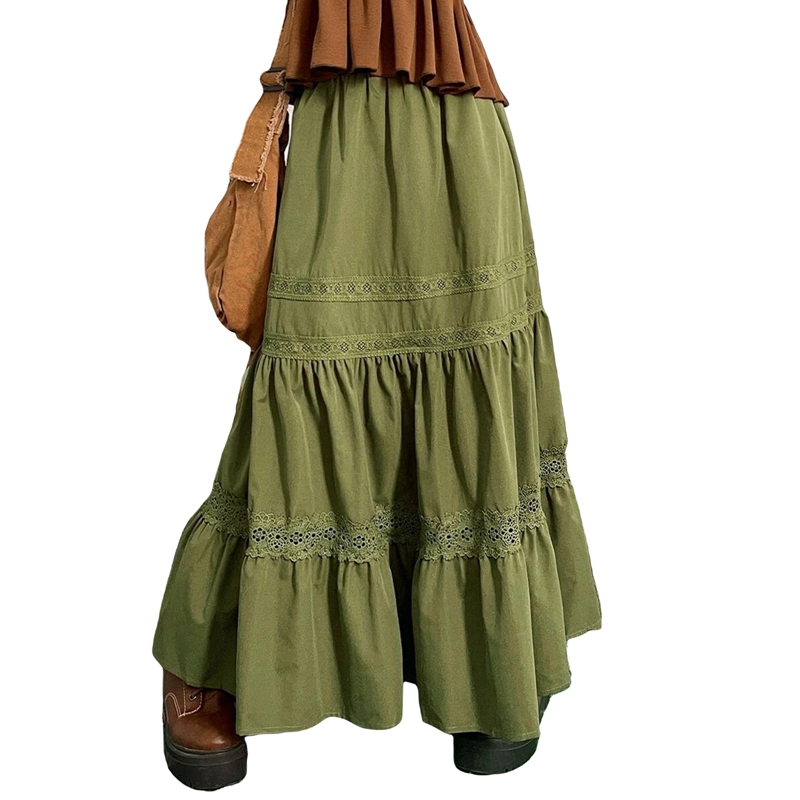 Jaren '90 Vintage Groene Geplooide Rokken Koreaanse Mode Vakantie Boho Hoge Taille Lange Rokken Retro Y2K Fairycore Leuke Kanten Rand Kleding
