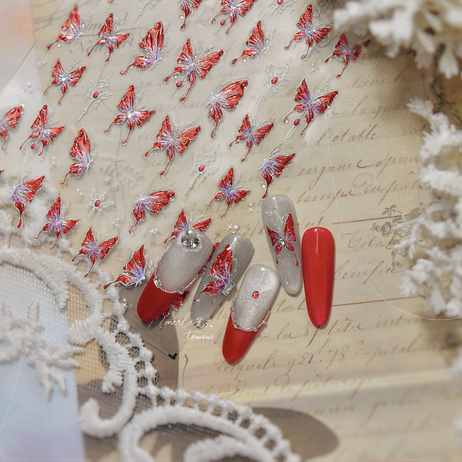 Red Butterfly 5D Nail Sticker Nail Art Decoration Spring Flowers Nail Art Decal Relief Sticker Press on Nails