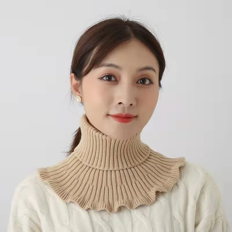 Bufanda de cuello falso de punto cálido para mujer, cuello alto desmontable, envoltura a prueba de viento para invierno, cuello con volantes suaves, Hijab de lujo
