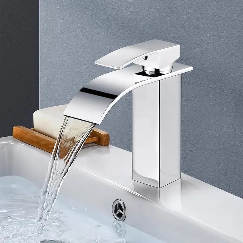 Wasserfall-Waschbecken, Edelstahl, hoher und niedriger Wasserhahn, schwarz, heiße und kalte Toilette, Hotelwaschbecken, Badezimmer, Zuhause