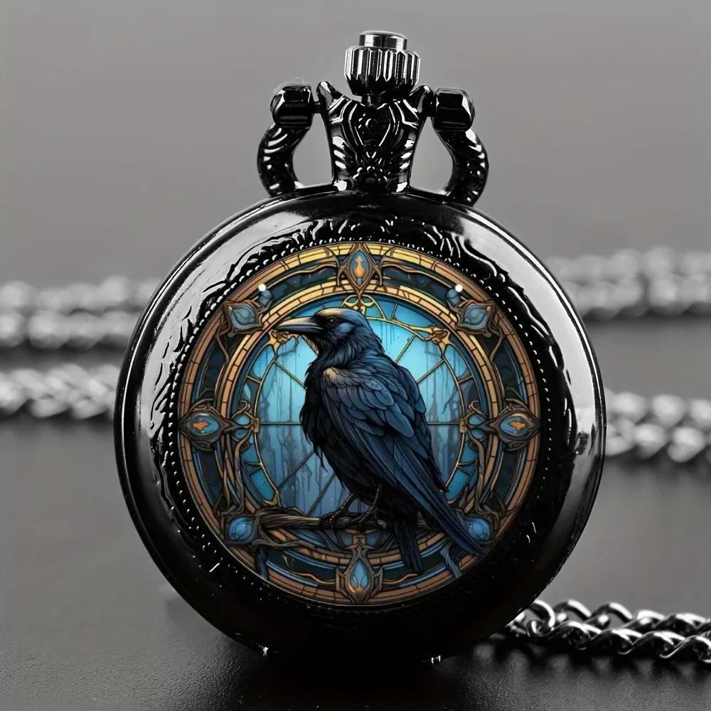 Unikalny mini kwarcowy zegarek kieszonkowy w stylu vintage Black Crow, naszyjnik z funkcją czasu światowego, idealny prezent dla mężczyzn, kobiet i dzieci