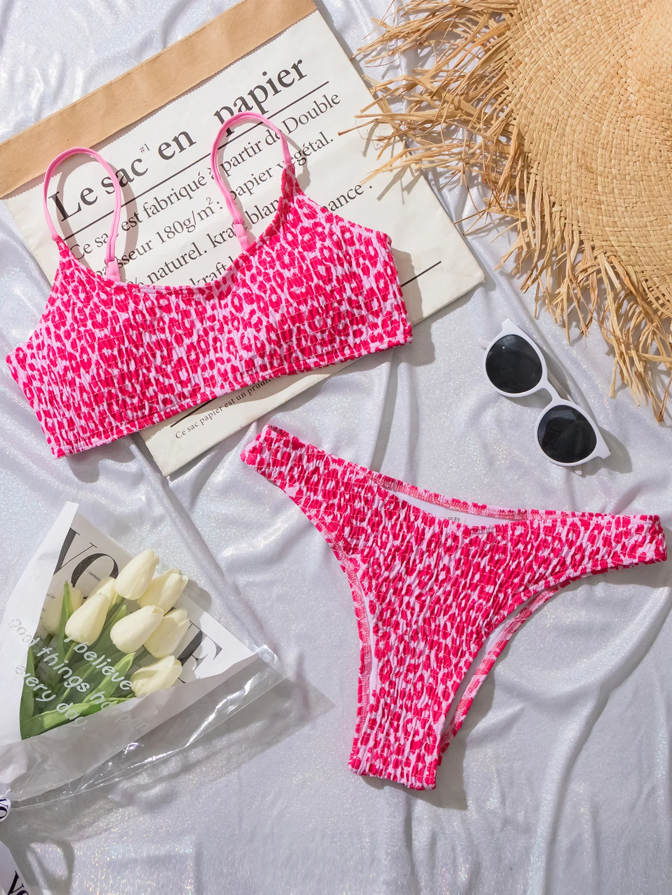 Sexy froissé bandeau imprimé léopard bikinis ensembles deux pièces string maillots de bain maillots de bain maillot de bain maillots de bain biquini