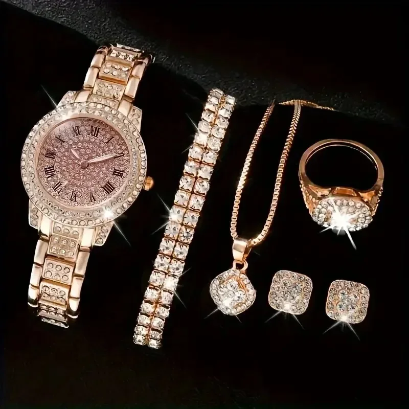 Conjunto de 6 uds de Reloj para mujer, Reloj con esfera romana, diseño de marca de lujo, Reloj de pulsera informal de cuarzo para mujer, conjunto de pulsera para mujer, Reloj para mujer