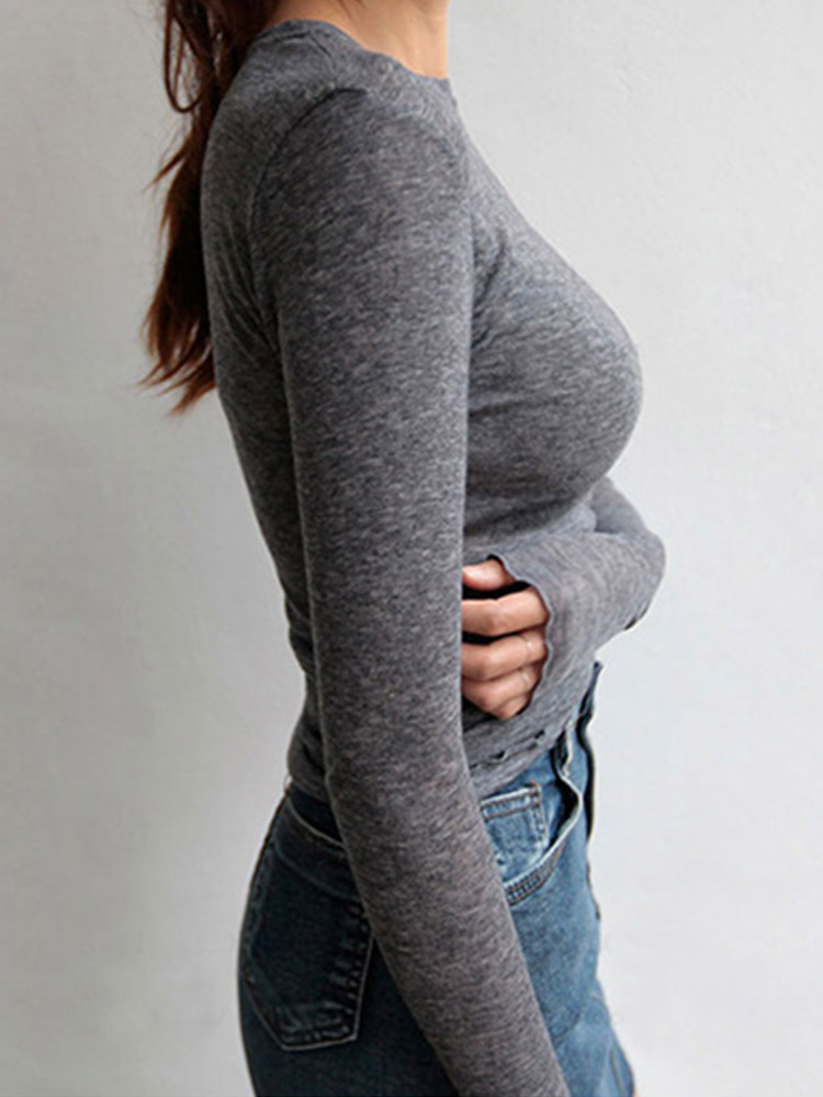 Alta qualidade simples t camisa feminina algodão elástico básico camisetas femininas casuais topos de manga longa sexy fino camiseta ver através