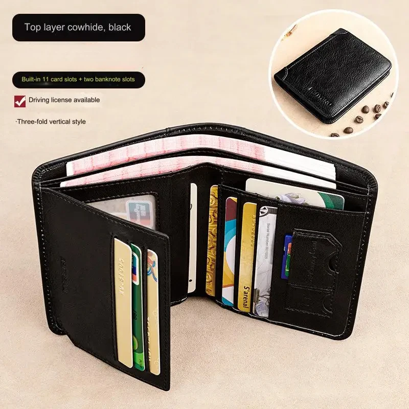 Carteiras masculinas com bloqueio RFID de couro genuíno com três dobras carteira curta de negócios para homens com janela de identificação e suporte para cartão de crédito
