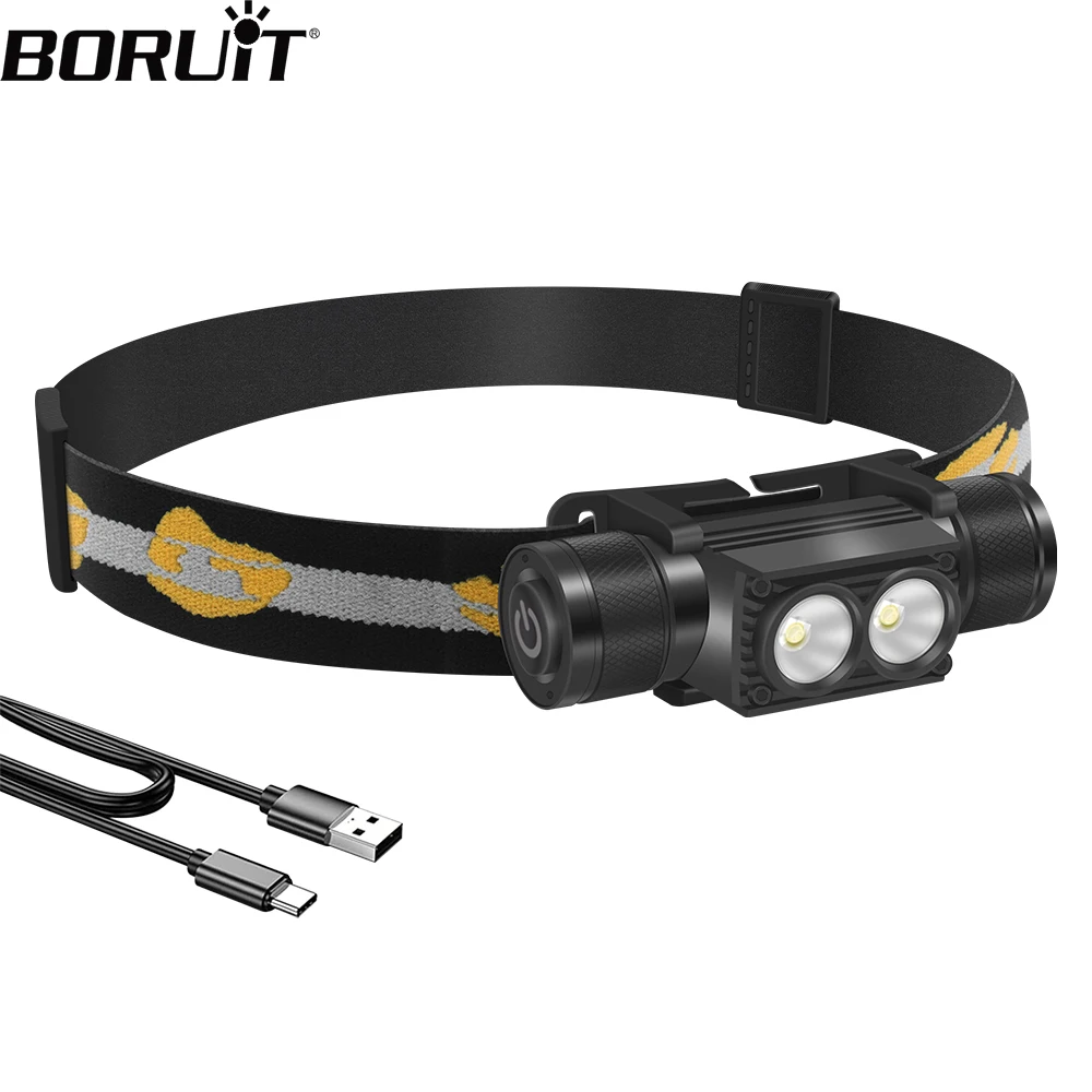 BORUiT D25 faro LED doble 6 modos 1200LM potente faro tipo C recargable 18650 linterna de cabeza Camping pesca linterna