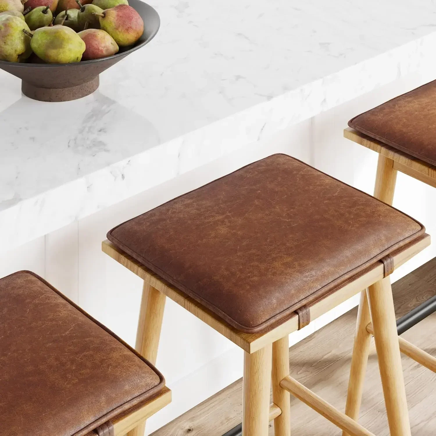 Set of 2 Barker Classic Counter Height Wood Barstool with Leather Removable Cushion, Backless Island 24" Bar Stool for Kitchen