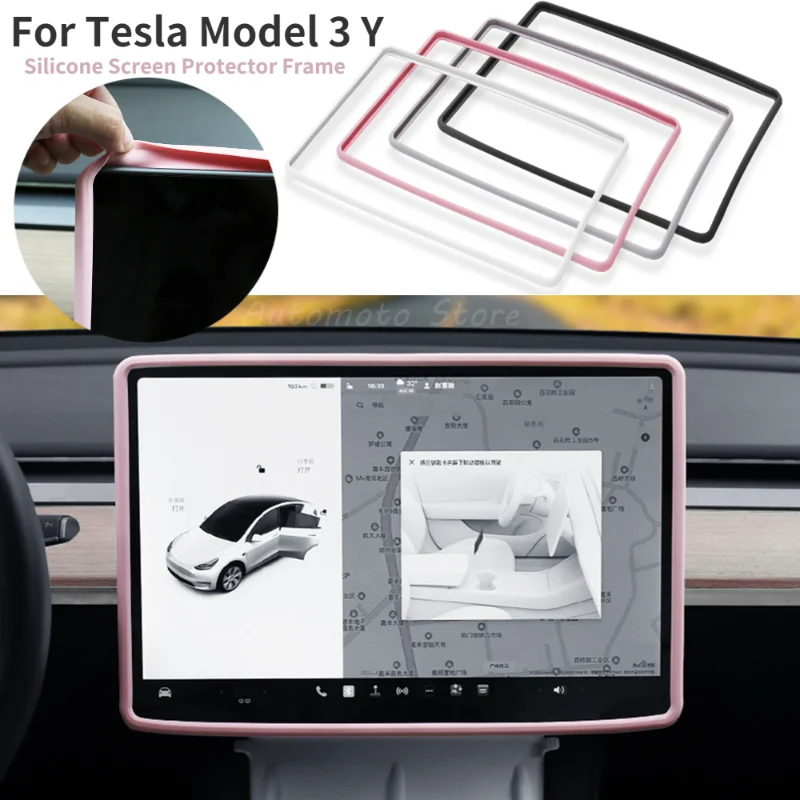 Para tesla modelo 3 y silicone quadro protetor borda capa controle central acessórios do carro protetor de tela navegação rosa branco