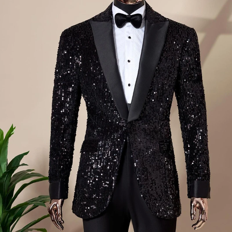 Shining Sequins Men Suits Tuxedo Slim Fit Notched Lapel One Button Blazer with Pants 2-Pcs Tailored Groom Wedding Party Jacket