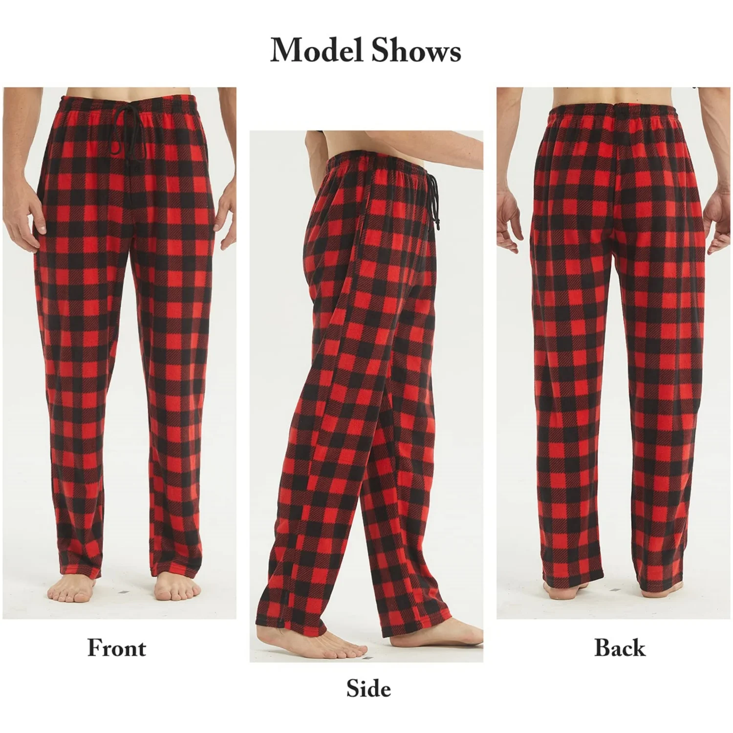 Weihnachts-Pyjamahose für Herren, Winterhose, Fleece, Lounge-Nachtwäsche, leichte karierte PJ-Hose mit Taschen, Mikrofleece