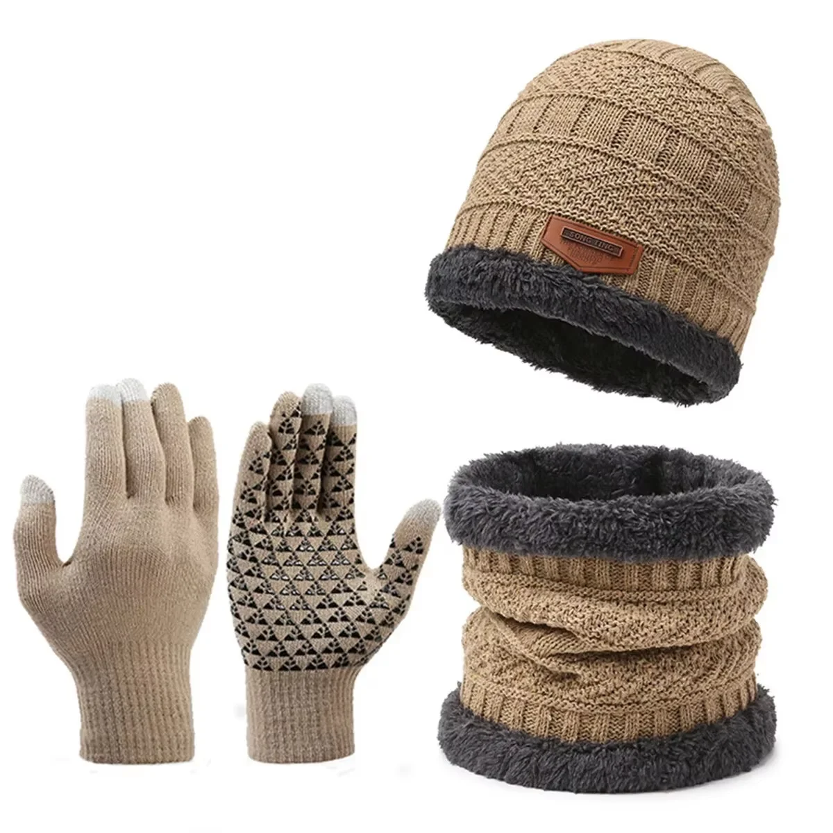 2 pçs + 1 par inverno quente veludo chapéu cachecol luvas conjunto chapéus de inverno boné de malha masculino e feminino chapéu de veludo coral velo cachecol ao ar livre livrar