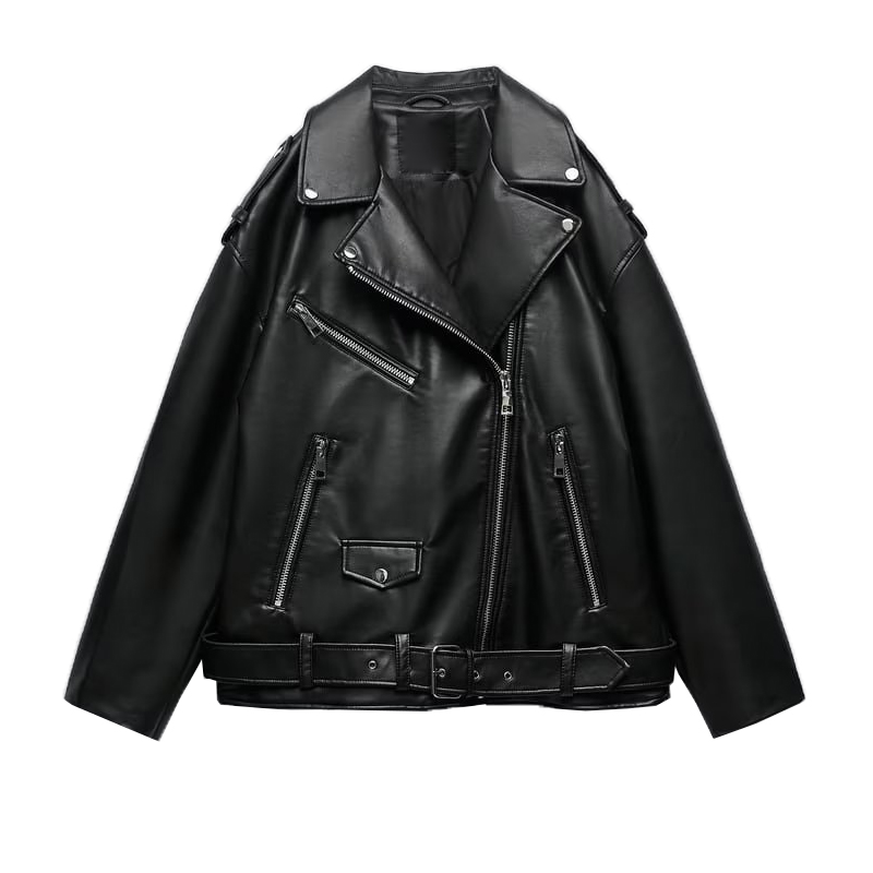 Jaqueta Fena de Couro PU Estilo Retrô Primavera Nova, Manga Longa Solta, Gola Lapela Preta, Moda Externa 34278