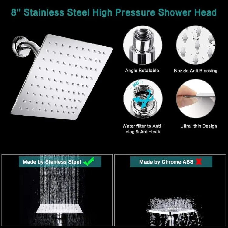Shower Head, 8 Inch High Pressure Rainfall Shower Head/Handheld Shower Combo with 11 Inch Extension Arm, 9 Settings Adjustable A