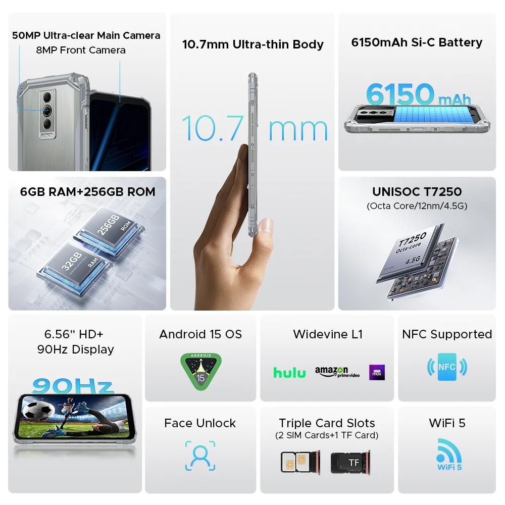 DOOGEE Blade10 Pro Energy teléfono resistente pantalla de 6,56 pulgadas 10,7mm ultrafino 6GB RAM 256GB ROM 6150mAh batería Android 15 Smartphone