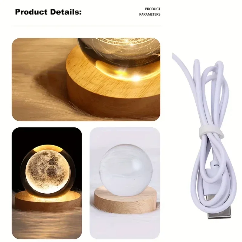 6cm 3D 행성 크리스탈 공 LED USB 밤 빛 태양계 갤럭시 테이블 램프 빛나는 달 구 침실 장식 선물