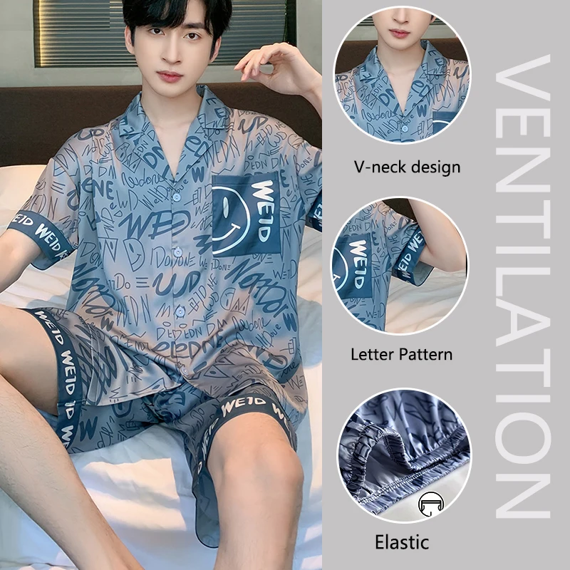 Große Größe Männer Pyjamas Set Eis Seide Cartoon Bär Kurzarm Student Zwei-Stück Strickjacke Revers Smiley Buchstaben 3xl Code Pyjamas