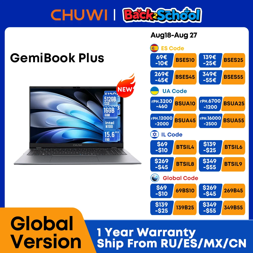 CHUWI GemiBook Plus Laptop Intel N100 Graphics dla 12. generacji 15,6" 1920*1080P 16 GB RAM 512 GB SSD z wentylatorem chłodzącym Windows 11
