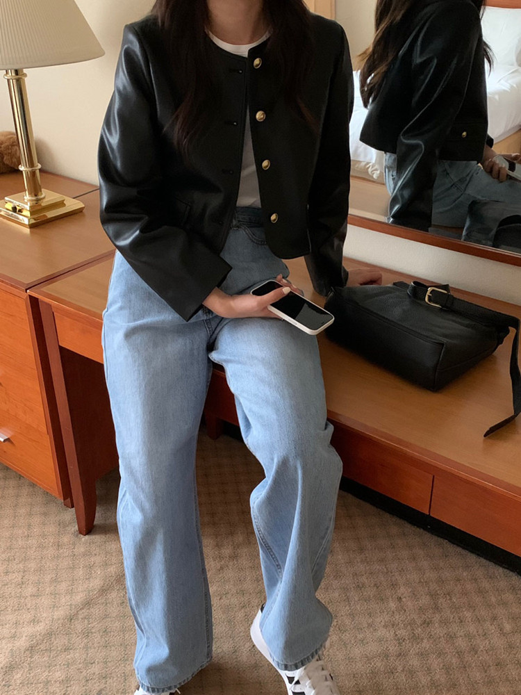 韓国スタイル黒ジャケット女性の新ファッションヴィンテージシングルブレストレザージャケット女性ストリート O ネックショートジャケット