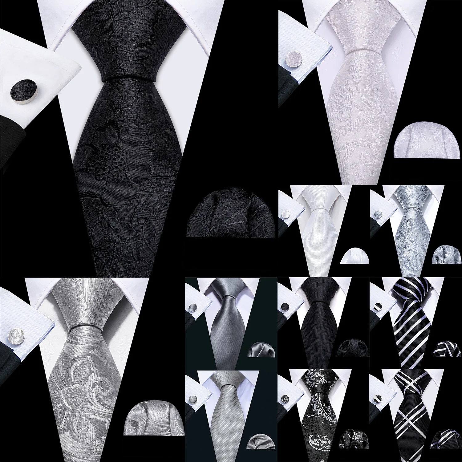 Barry.Wang Black White Gray Silver Men Tie Handkerchief Cufflinks Set Jacquard Necktie for Male Wedding Business Party Gift